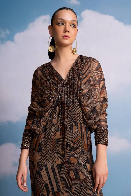 Buy Nikita Mhaisalkar Brown Lurex, Georgette Tassels, Embroidery V-neck Geometric Kimono Maxi Dress Online at Aza Fashions Buy_Nikita Mhaisalkar_Brown Lurex, Georgette Tassels, Embroidery V-neck Geometric Kimono Maxi Dress _Online_at_Aza_Fashions