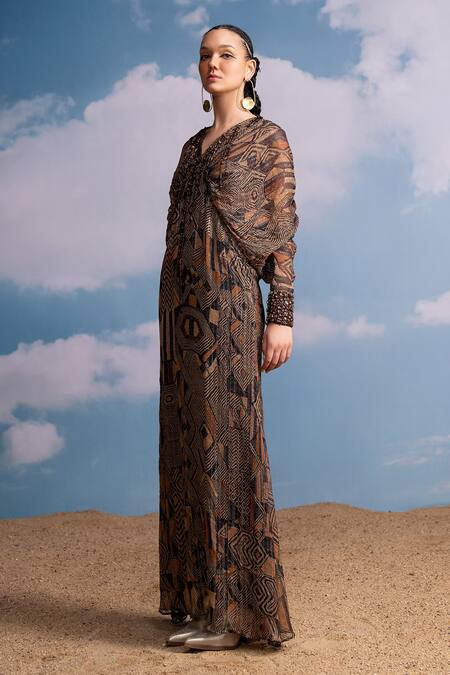 Shop Nikita Mhaisalkar Brown Lurex, Georgette Tassels, Embroidery V-neck Geometric Kimono Maxi Dress Online at Aza Fashions Shop_Nikita Mhaisalkar_Brown Lurex, Georgette Tassels, Embroidery V-neck Geometric Kimono Maxi Dress _Online_at_Aza_Fashions