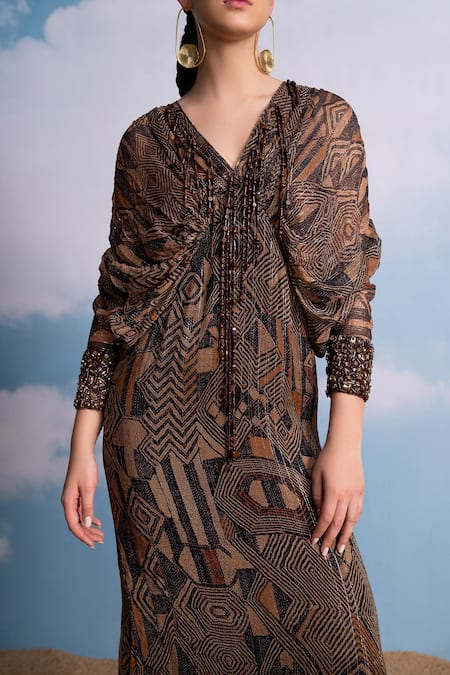 Nikita Mhaisalkar Brown Lurex, Georgette Tassels, Embroidery V-neck Geometric Kimono Maxi Dress at Aza Fashions Nikita Mhaisalkar_Brown Lurex, Georgette Tassels, Embroidery V-neck Geometric Kimono Maxi Dress _at_Aza_Fashions
