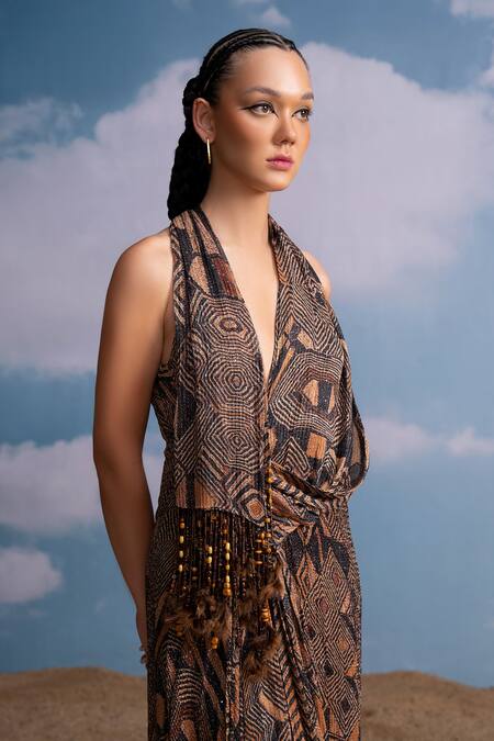 Nikita Mhaisalkar Brown Georgette Beads Cowl Neck Geometric Maxi Dress Online at Aza Fashions Nikita Mhaisalkar_Brown Georgette Beads Cowl Neck Geometric Maxi Dress _Online_at_Aza_Fashions