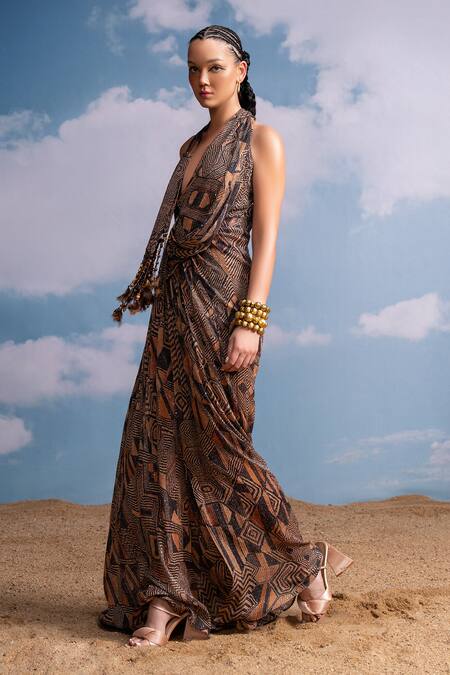 Buy Nikita Mhaisalkar Brown Georgette Beads Cowl Neck Geometric Maxi Dress Online at Aza Fashions Buy_Nikita Mhaisalkar_Brown Georgette Beads Cowl Neck Geometric Maxi Dress _Online_at_Aza_Fashions