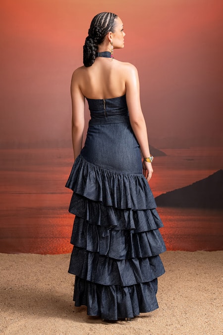 Shop Nikita Mhaisalkar Blue Hemp Halter Neck Indigo Denim Top at Aza Fashions Shop_Nikita Mhaisalkar_Blue Hemp Halter Neck Indigo Denim Top _at_Aza_Fashions