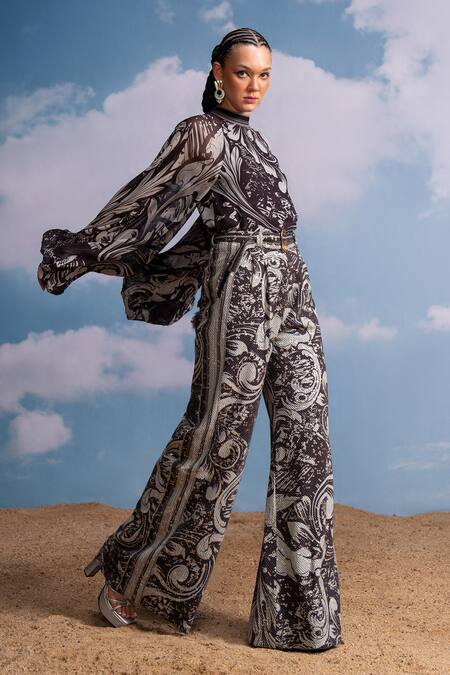 Shop_Nikita Mhaisalkar_Chocolate Georgette High Neck Swirl Print Top _Online_at_Aza_Fashions