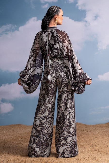 Shop Nikita Mhaisalkar Chocolate Georgette Sequins Swirl Print Pants at Aza Fashions Shop_Nikita Mhaisalkar_Chocolate Georgette Sequins Swirl Print Pants _at_Aza_Fashions