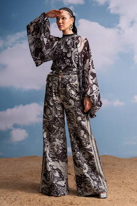 Nikita Mhaisalkar Chocolate Georgette Sequins Swirl Print Pants Online at Aza Fashions Nikita Mhaisalkar_Chocolate Georgette Sequins Swirl Print Pants _Online_at_Aza_Fashions