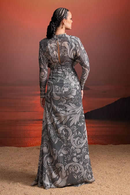 Nikita Mhaisalkar Noir Printed Sequins Draped Maxi Dress 