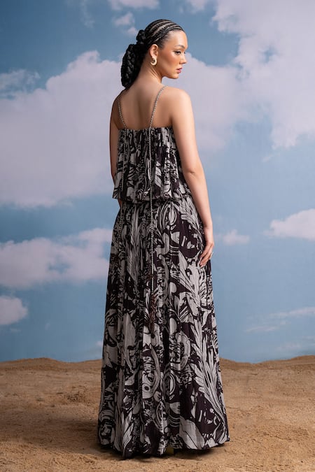 Shop_Nikita Mhaisalkar_Chocolate Georgette Tassels Open Neck Swirl Print Maxi Skirt Set _at_Aza_Fashions