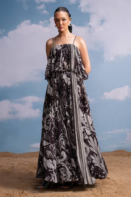 Buy_Nikita Mhaisalkar_Chocolate Georgette Tassels Open Neck Swirl Print Maxi Skirt Set _Online_at_Aza_Fashions