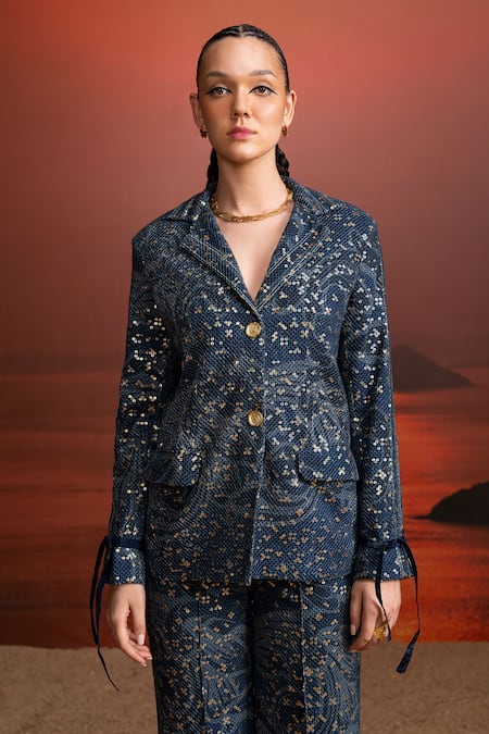 Nikita Mhaisalkar Navy Georgette Sequins V-neck Indigo Sheeted Pantsuit Online at Aza Fashions Nikita Mhaisalkar_Navy Georgette Sequins V-neck Indigo Sheeted Pantsuit _Online_at_Aza_Fashions