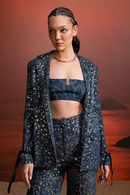 Buy Nikita Mhaisalkar Navy Georgette Sequins V-neck Indigo Sheeted Pantsuit Online at Aza Fashions Buy_Nikita Mhaisalkar_Navy Georgette Sequins V-neck Indigo Sheeted Pantsuit _Online_at_Aza_Fashions