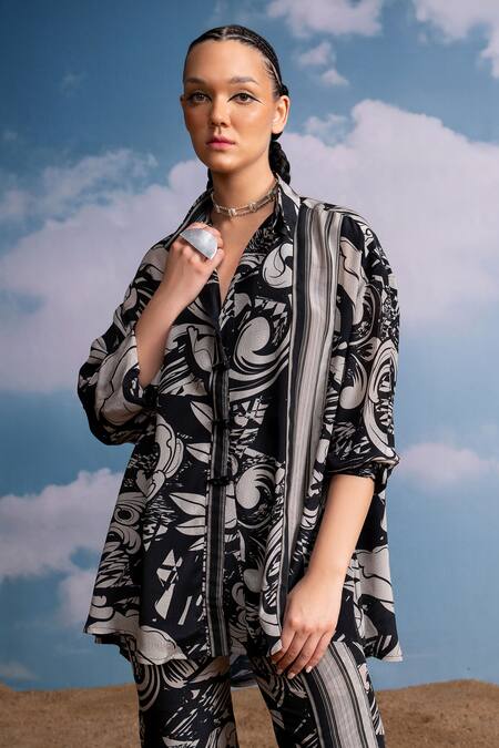 Buy Nikita Mhaisalkar Black Silk, Crepe Collared Swirl Printed Co-ord Set Online at Aza Fashions Buy_Nikita Mhaisalkar_Black Silk, Crepe Collared Swirl Printed Co-ord Set _Online_at_Aza_Fashions