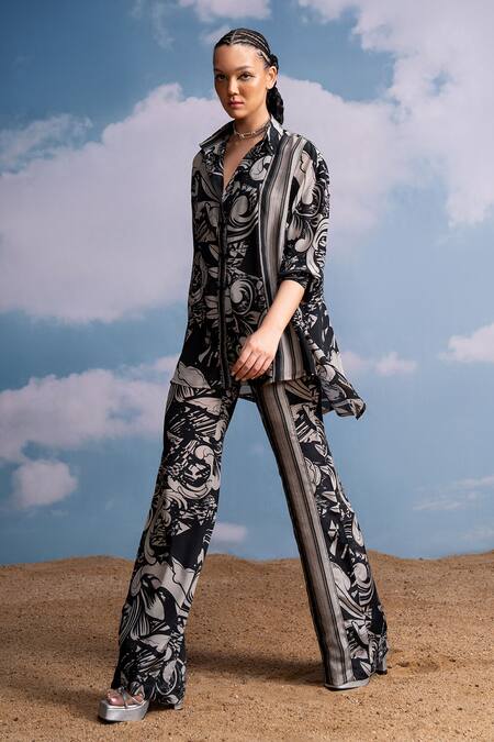 Shop Nikita Mhaisalkar Black Silk, Crepe Collared Swirl Printed Co-ord Set Online at Aza Fashions Shop_Nikita Mhaisalkar_Black Silk, Crepe Collared Swirl Printed Co-ord Set _Online_at_Aza_Fashions