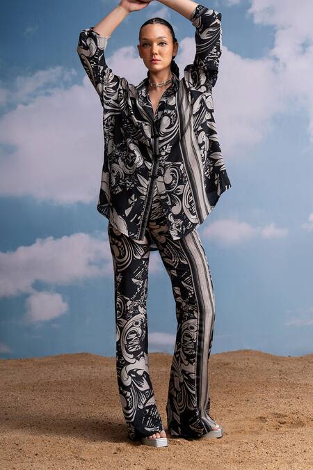 Nikita Mhaisalkar Black Silk, Crepe Collared Swirl Printed Co-ord Set at Aza Fashions Nikita Mhaisalkar_Black Silk, Crepe Collared Swirl Printed Co-ord Set _at_Aza_Fashions