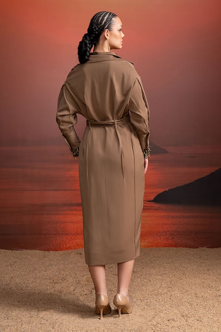 Shop Nikita Mhaisalkar Beige Satin Beads Collared Shirt Dress With Cuffs at Aza Fashions Shop_Nikita Mhaisalkar_Beige Satin Beads Collared Shirt Dress With Cuffs _at_Aza_Fashions