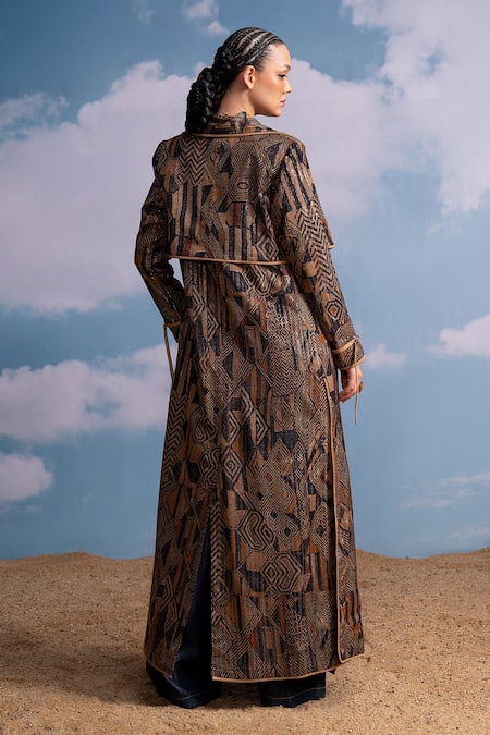 Shop Nikita Mhaisalkar Brown Lurex, Georgette V-neck Geometric Print Top at Aza Fashions Shop_Nikita Mhaisalkar_Brown Lurex, Georgette V-neck Geometric Print Top _at_Aza_Fashions