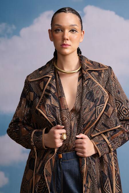 Nikita Mhaisalkar Brown Lurex, Georgette V-neck Geometric Print Top Online at Aza Fashions Nikita Mhaisalkar_Brown Lurex, Georgette V-neck Geometric Print Top _Online_at_Aza_Fashions