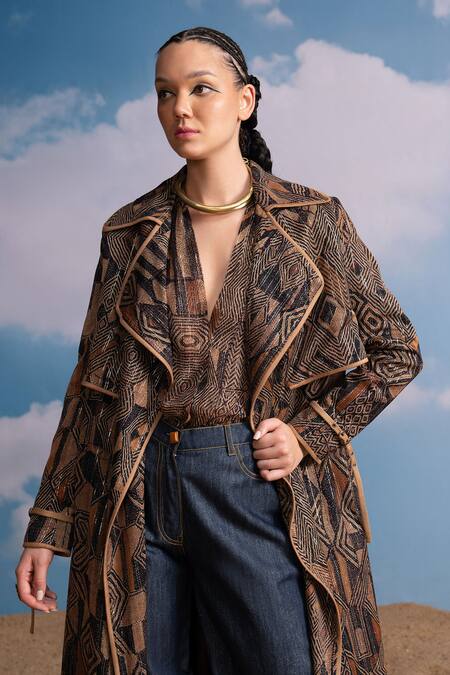 Buy Nikita Mhaisalkar Brown Lurex, Georgette V-neck Geometric Print Top Online at Aza Fashions Buy_Nikita Mhaisalkar_Brown Lurex, Georgette V-neck Geometric Print Top _Online_at_Aza_Fashions