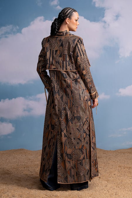 Shop Nikita Mhaisalkar Brown Lurex, Georgette Open Neck Geometric Print Trench Jacket at Aza Fashions Shop_Nikita Mhaisalkar_Brown Lurex, Georgette Open Neck Geometric Print Trench Jacket _at_Aza_Fashions