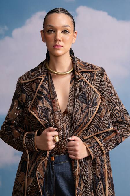 Nikita Mhaisalkar Brown Lurex, Georgette Open Neck Geometric Print Trench Jacket Online at Aza Fashions Nikita Mhaisalkar_Brown Lurex, Georgette Open Neck Geometric Print Trench Jacket _Online_at_Aza_Fashions
