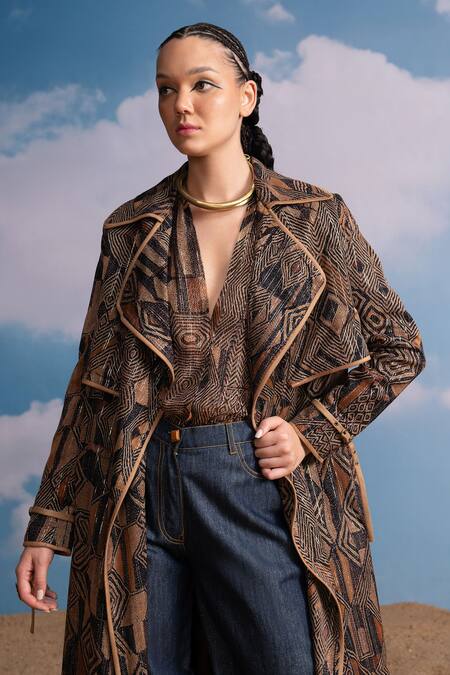 Buy Nikita Mhaisalkar Brown Lurex, Georgette Open Neck Geometric Print Trench Jacket Online at Aza Fashions Buy_Nikita Mhaisalkar_Brown Lurex, Georgette Open Neck Geometric Print Trench Jacket _Online_at_Aza_Fashions