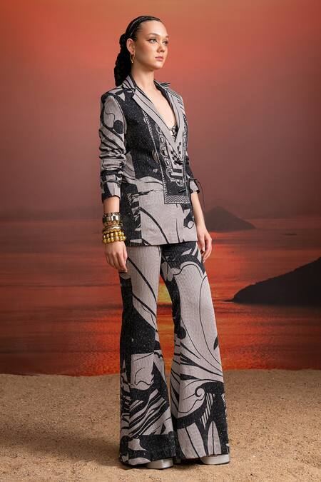 Shop Nikita Mhaisalkar Black Georgette Sequins Noir Swirl Printed Pantsuit Online at Aza Fashions Shop_Nikita Mhaisalkar_Black Georgette Sequins Noir Swirl Printed Pantsuit _Online_at_Aza_Fashions