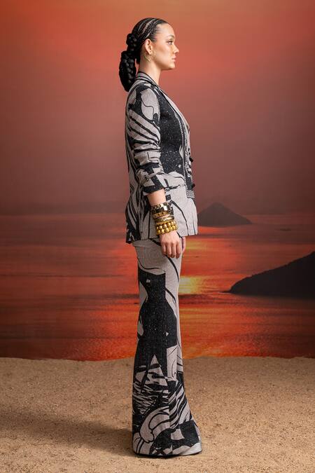 Nikita Mhaisalkar Black Georgette Sequins Noir Swirl Printed Pantsuit at Aza Fashions Nikita Mhaisalkar_Black Georgette Sequins Noir Swirl Printed Pantsuit _at_Aza_Fashions