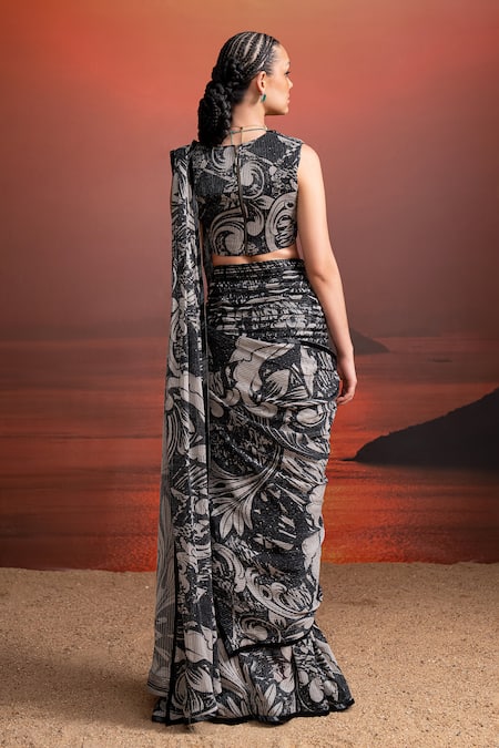 Shop Nikita Mhaisalkar Black Georgette Sequins, Metallic Thread, Beads V-neck Draped Printed Saree Set at Aza Fashions Shop_Nikita Mhaisalkar_Black Georgette Sequins, Metallic Thread, Beads V-neck Draped Printed Saree Set _at_Aza_Fashions