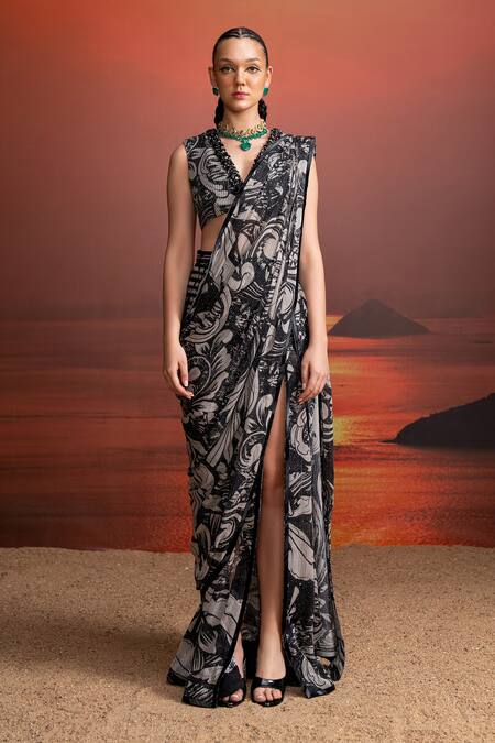 Buy Nikita Mhaisalkar Black Georgette Sequins, Metallic Thread, Beads V-neck Draped Printed Saree Set Online at Aza Fashions Buy_Nikita Mhaisalkar_Black Georgette Sequins, Metallic Thread, Beads V-neck Draped Printed Saree Set _Online_at_Aza_Fashions