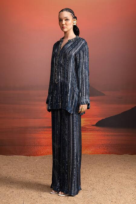 Nikita Mhaisalkar Blue Georgette Sequins Collared Gunmetal Embroidered Indigo Kurta Set Online at Aza Fashions Nikita Mhaisalkar_Blue Georgette Sequins Collared Gunmetal Embroidered Indigo Kurta Set _Online_at_Aza_Fashions