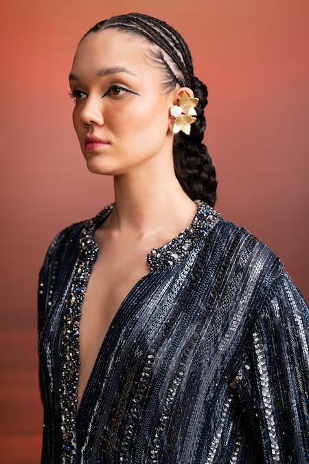 Buy Nikita Mhaisalkar Blue Georgette Sequins Collared Gunmetal Embroidered Indigo Kurta Set Online at Aza Fashions Buy_Nikita Mhaisalkar_Blue Georgette Sequins Collared Gunmetal Embroidered Indigo Kurta Set _Online_at_Aza_Fashions