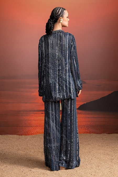 Shop Nikita Mhaisalkar Blue Georgette Sequins Collared Gunmetal Embroidered Indigo Kurta Set at Aza Fashions Shop_Nikita Mhaisalkar_Blue Georgette Sequins Collared Gunmetal Embroidered Indigo Kurta Set _at_Aza_Fashions