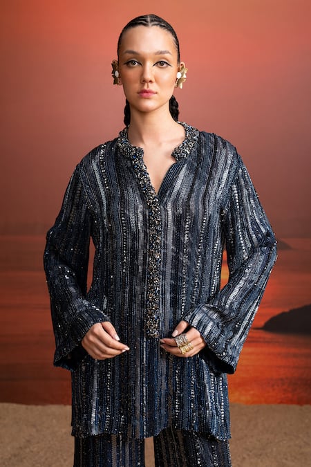 Shop Nikita Mhaisalkar Blue Georgette Sequins Collared Gunmetal Embroidered Indigo Kurta Set Online at Aza Fashions Shop_Nikita Mhaisalkar_Blue Georgette Sequins Collared Gunmetal Embroidered Indigo Kurta Set _Online_at_Aza_Fashions