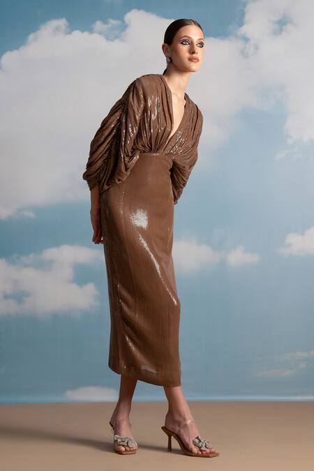 Shop_Nikita Mhaisalkar_Beige Georgette Sequins V-neck Luxe Sheeted Kimono Dress _Online_at_Aza_Fashions