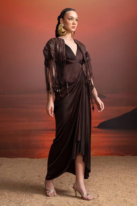 Shop Nikita Mhaisalkar Brown Silk Satin, Tulle Beads V-neck Draped Midi Dress And Cape Set Online at Aza Fashions Shop_Nikita Mhaisalkar_Brown Silk Satin, Tulle Beads V-neck Draped Midi Dress And Cape Set _Online_at_Aza_Fashions