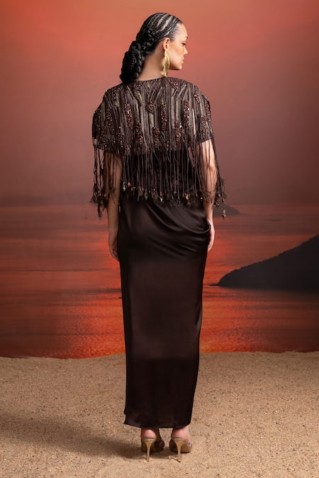 Shop Nikita Mhaisalkar Brown Silk Satin, Tulle Beads V-neck Draped Midi Dress And Cape Set at Aza Fashions Shop_Nikita Mhaisalkar_Brown Silk Satin, Tulle Beads V-neck Draped Midi Dress And Cape Set _at_Aza_Fashions