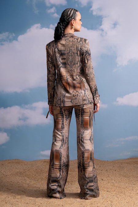 Shop Nikita Mhaisalkar Brown Georgette Embroidery Python Print Designer Pantsuit at Aza Fashions Shop_Nikita Mhaisalkar_Brown Georgette Embroidery Python Print Designer Pantsuit _at_Aza_Fashions