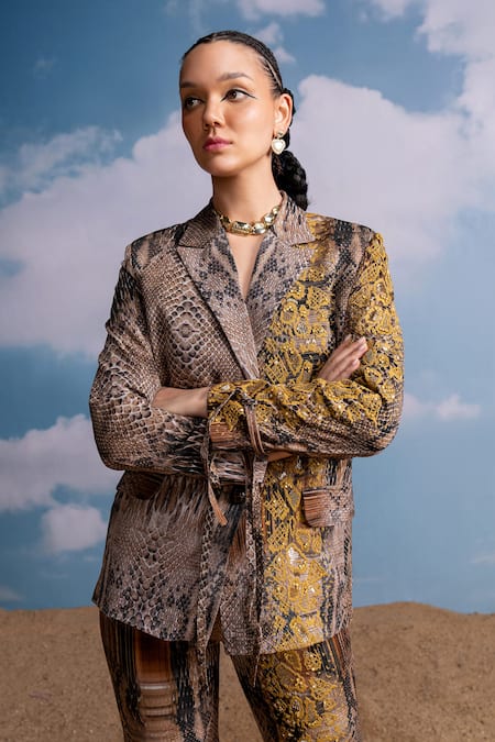 Buy Nikita Mhaisalkar Brown Georgette Embroidery Python Print Designer Pantsuit Online at Aza Fashions Buy_Nikita Mhaisalkar_Brown Georgette Embroidery Python Print Designer Pantsuit _Online_at_Aza_Fashions