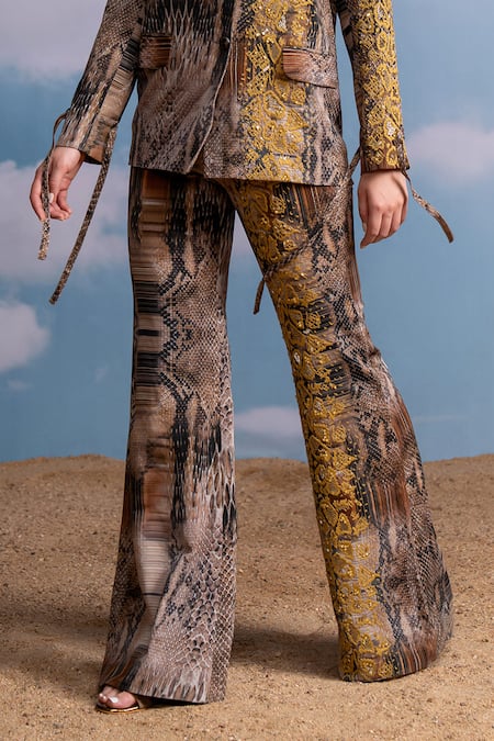 Shop Nikita Mhaisalkar Brown Georgette Embroidery Python Print Designer Pantsuit Online at Aza Fashions Shop_Nikita Mhaisalkar_Brown Georgette Embroidery Python Print Designer Pantsuit _Online_at_Aza_Fashions