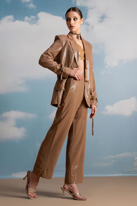 Shop Nikita Mhaisalkar Beige Georgette Sequins V-neck Luxe Sheeted Pantsuit at Aza Fashions Shop_Nikita Mhaisalkar_Beige Georgette Sequins V-neck Luxe Sheeted Pantsuit _at_Aza_Fashions