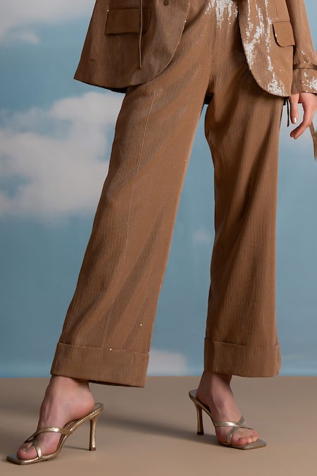 Nikita Mhaisalkar Beige Georgette Sequins V-neck Luxe Sheeted Pantsuit Online at Aza Fashions Nikita Mhaisalkar_Beige Georgette Sequins V-neck Luxe Sheeted Pantsuit _Online_at_Aza_Fashions