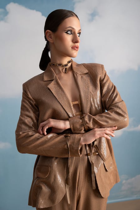 Shop Nikita Mhaisalkar Beige Georgette Sequins V-neck Luxe Sheeted Pantsuit Online at Aza Fashions Shop_Nikita Mhaisalkar_Beige Georgette Sequins V-neck Luxe Sheeted Pantsuit _Online_at_Aza_Fashions