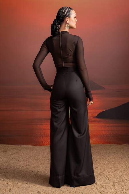 Shop_Nikita Mhaisalkar_Brown Linen Dark Pinstriped Pants _at_Aza_Fashions