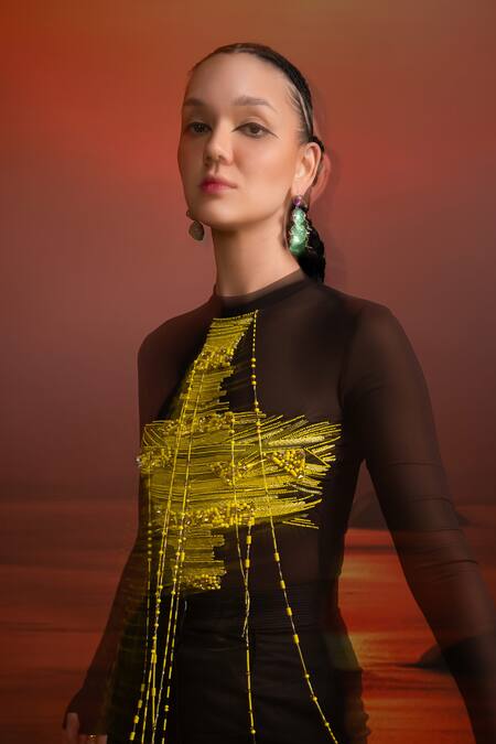 Nikita Mhaisalkar Brown Lycra, Tulle Beads Crew Neck Canary Bodysuit Online at Aza Fashions Nikita Mhaisalkar_Brown Lycra, Tulle Beads Crew Neck Canary Bodysuit _Online_at_Aza_Fashions