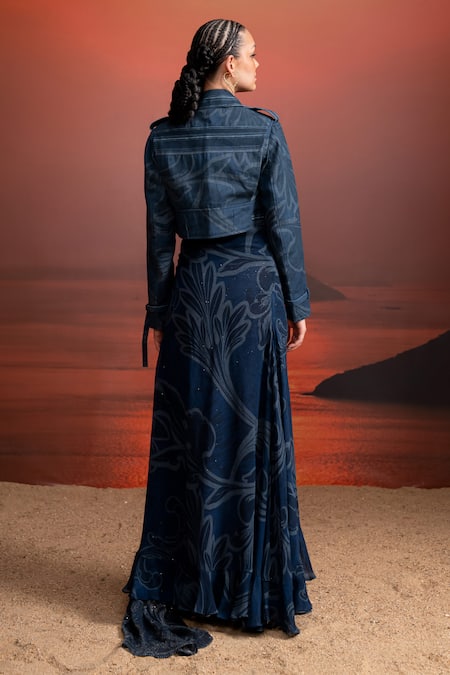 Shop Nikita Mhaisalkar Blue Georgette Round Neck Indigo Swirl Printed Crop Top at Aza Fashions Shop_Nikita Mhaisalkar_Blue Georgette Round Neck Indigo Swirl Printed Crop Top _at_Aza_Fashions