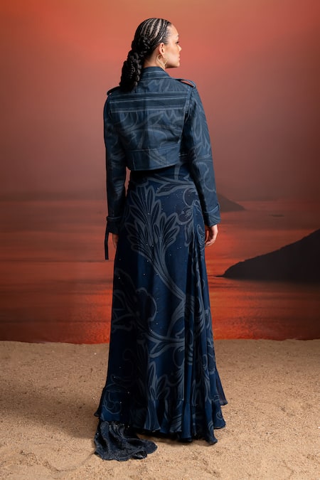 Shop Nikita Mhaisalkar Blue Hemp Collared Indigo Printed Denim Bolero Jacket at Aza Fashions Shop_Nikita Mhaisalkar_Blue Hemp Collared Indigo Printed Denim Bolero Jacket _at_Aza_Fashions