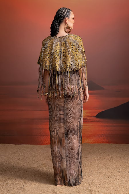 Shop_Nikita Mhaisalkar_Brown Chiffon, Denim Tassels V-neck Python Print Draped Dress And Cape Set _at_Aza_Fashions