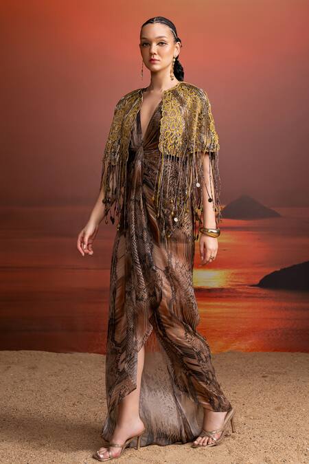 Nikita Mhaisalkar_Brown Chiffon, Denim Tassels V-neck Python Print Draped Dress And Cape Set _Online_at_Aza_Fashions