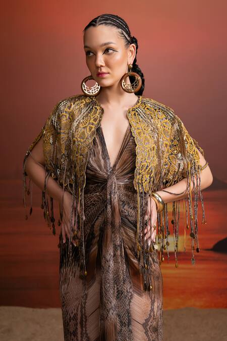 Buy_Nikita Mhaisalkar_Brown Chiffon, Denim Tassels V-neck Python Print Draped Dress And Cape Set _Online_at_Aza_Fashions