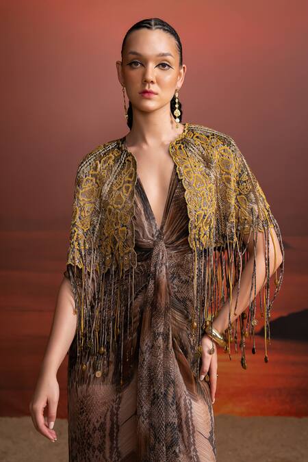 Shop_Nikita Mhaisalkar_Brown Chiffon, Denim Tassels V-neck Python Print Draped Dress And Cape Set _Online_at_Aza_Fashions