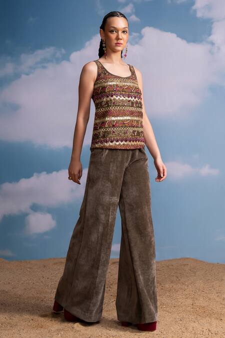 Nikita Mhaisalkar Olive Green Tulle Beads Scoop Neck Hand Embroidered Top Online at Aza Fashions Nikita Mhaisalkar_Olive Green Tulle Beads Scoop Neck Hand Embroidered Top _Online_at_Aza_Fashions